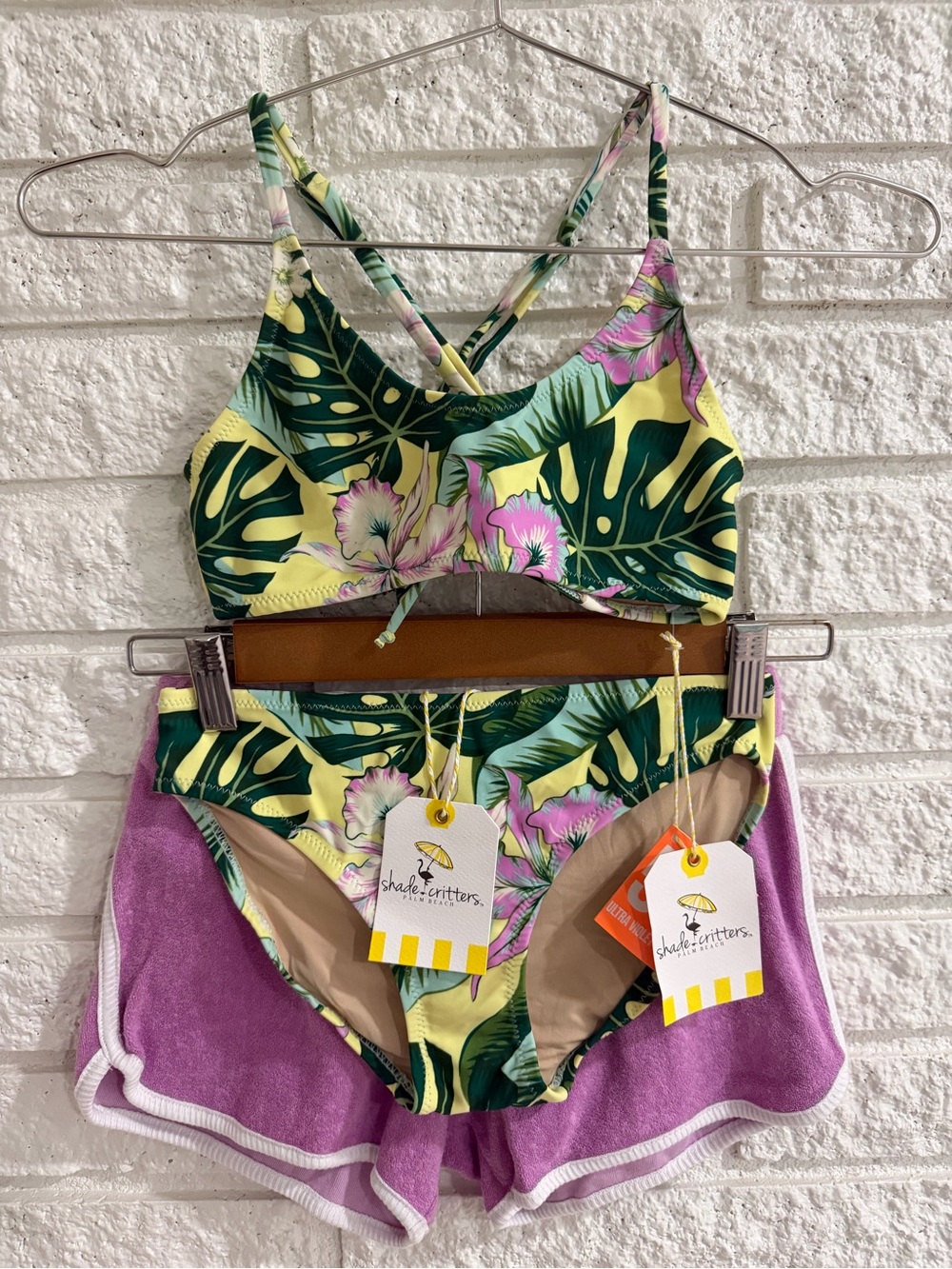 Shade Critters Tropical Leaf & Floral Kids Bikini Set with Terry Shorts